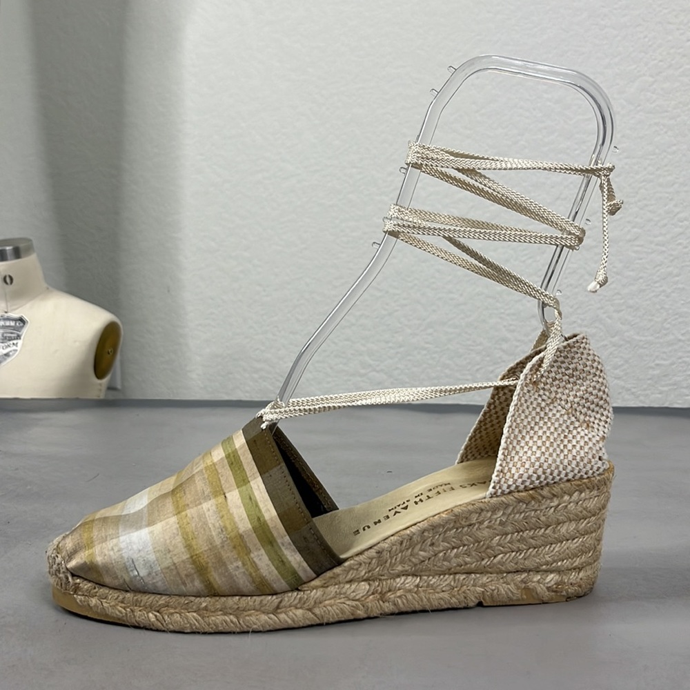 Andre Assous Dorothy Plaid Silk Espadrille Tie Cut Out Wedge Heels